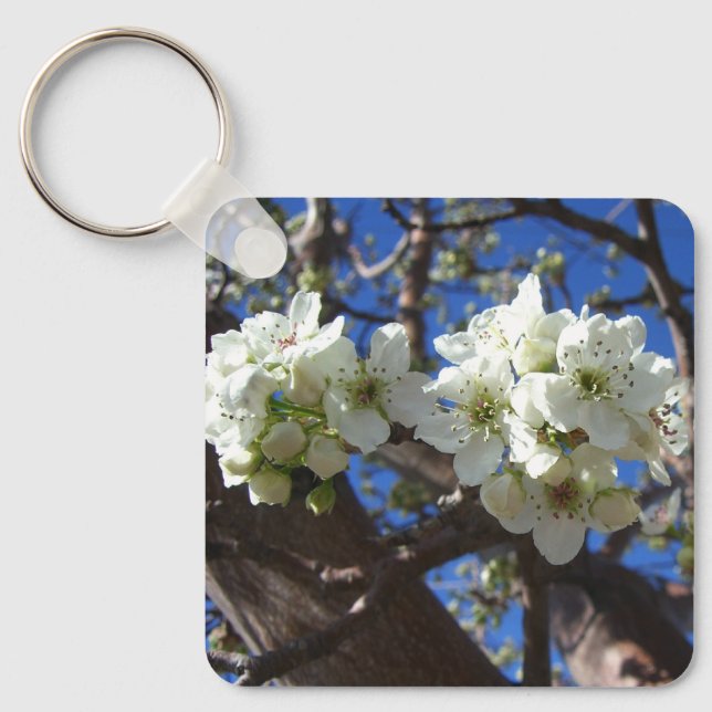 White Blossom Clusters Spring Flowering Pear Tree Key Ring (Front)