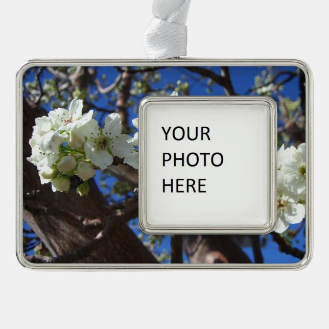 White Blossom Clusters Spring Flowering Pear Tree Silver Plated Framed Ornament (Front)
