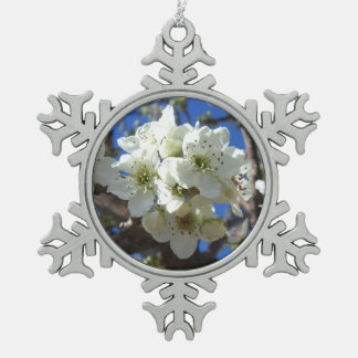 White Blossom Clusters Spring Flowering Pear Tree Snowflake Pewter Christmas Ornament