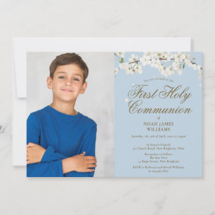 White Blossom First Holy Communion Blue Photo Invitation