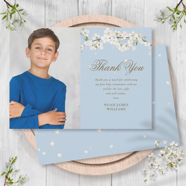 White Blossom First Holy Communion Blue Photo Thank You Card (Creator Uploaded)