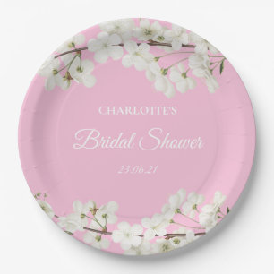 White Blossom Floral Bridal Shower Paper Plate