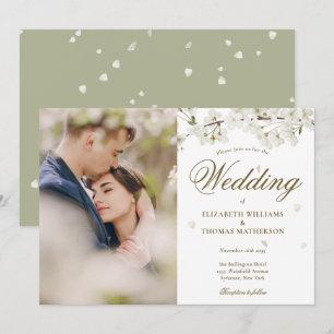 White Blossom Floral Gold Script Photo Invitation