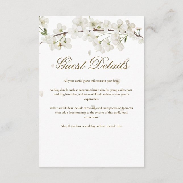 White Blossom Floral Guest Information Details Enclosure Card (Front)