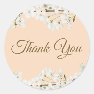 White Blossom Gold Script Thank You Classic Round Sticker