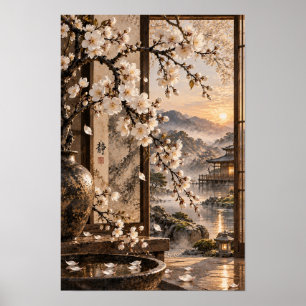 White Blossom Japanese Garden Sunset Wall Art