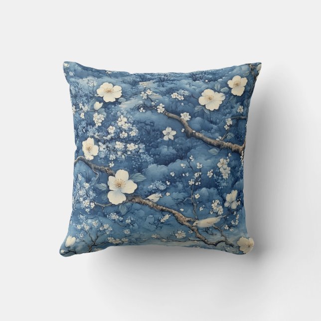 White Blossom on Blue Cushion (Back)