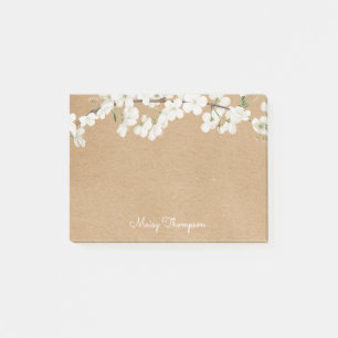 White Blossom Rustic Kraft Script Name Post-it Notes