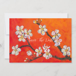 White blossoming branch in spring greeting save the date