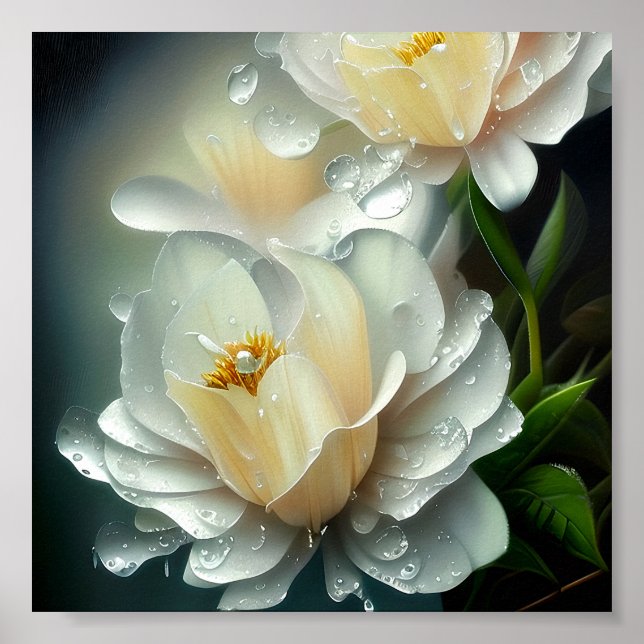 White blossoms and water drops poster (Front)