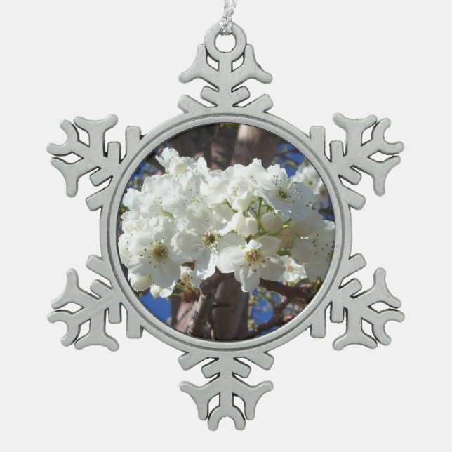 White Blossoms II Spring Flowering Tree Snowflake Pewter Christmas Ornament (Front)