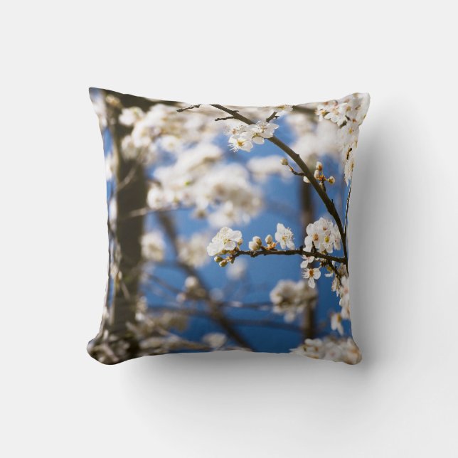 White Blossoms infront of a white sky Cushion (Front)