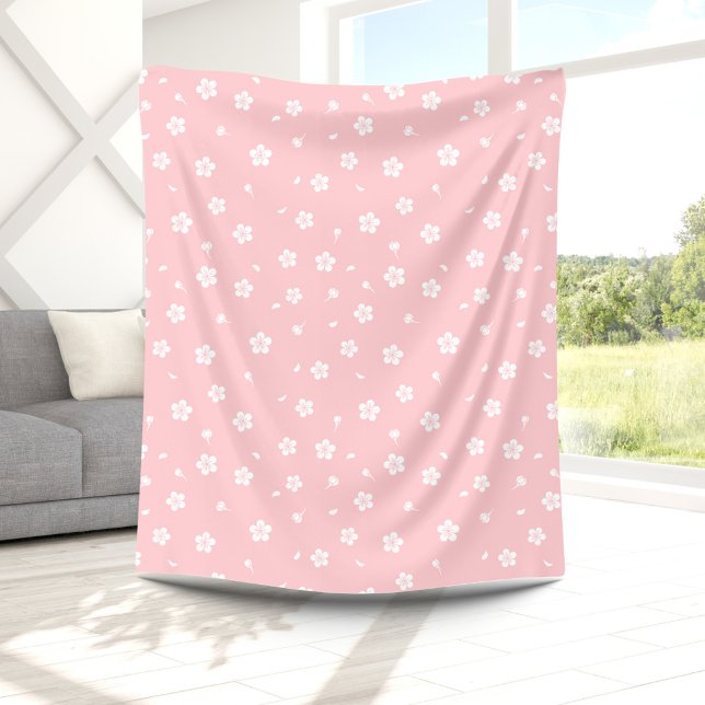 White Blossoms on Baby Pink Pattern Fleece Blanket (Creator Uploaded)
