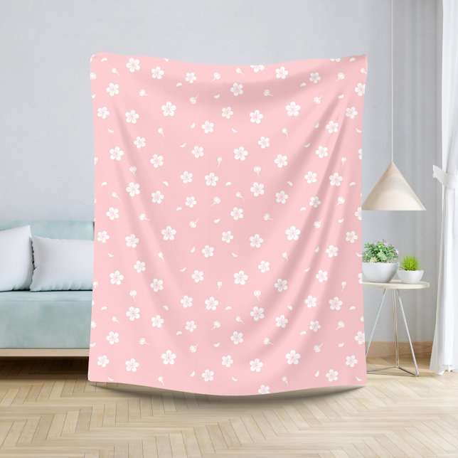 White Blossoms on Baby Pink Pattern Sherpa Blanket (Creator Uploaded)
