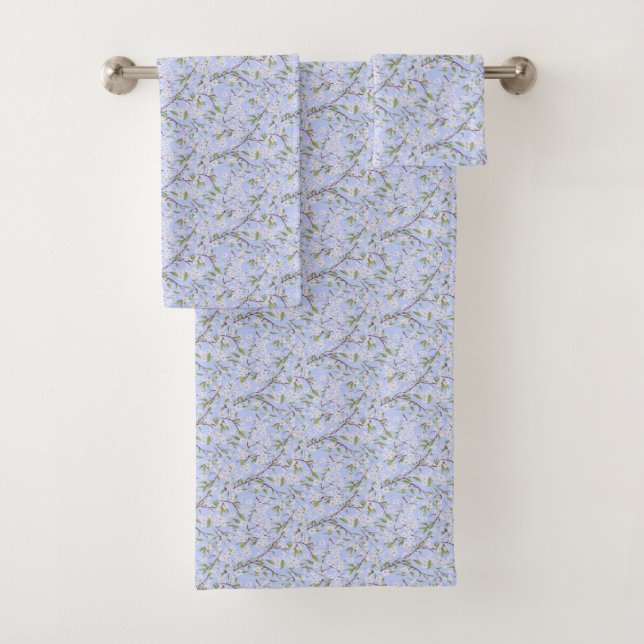White Blossoms on Blue Bath Towel Set (Insitu)