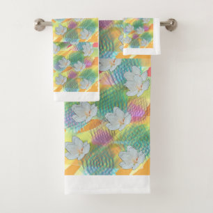 White Blossoms Rainbow Geo Bath Towel Set
