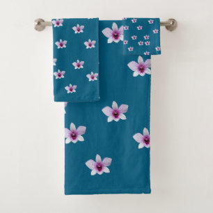 White Blossoms Teal  Bath Towel Set