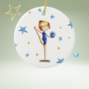 White, blue and black rhythmic gymnast with ball ceramic tree decoration