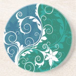 White Blue and Green Floral Grunge Coaster