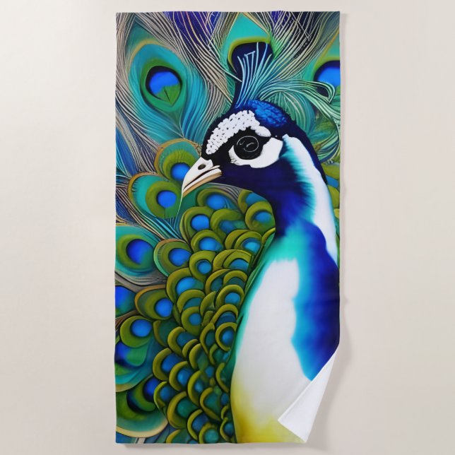 White blue and Green Piebald Peacock  Beach Towel (Front)
