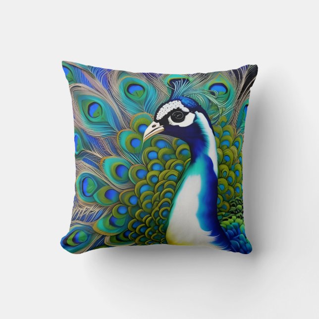 White blue and Green Piebald Peacock  Cushion (Front)