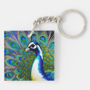 White blue and Green Piebald Peacock Key Ring