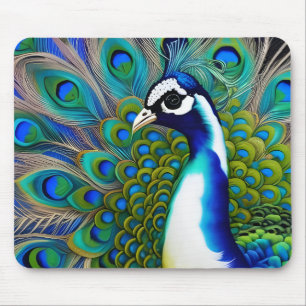 White blue and Green Piebald Peacock  Mouse Pad