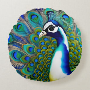 White blue and Green Piebald Peacock Round Cushion