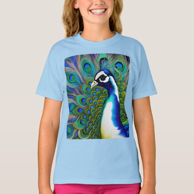 White blue and Green Piebald Peacock  T-Shirt (Front)