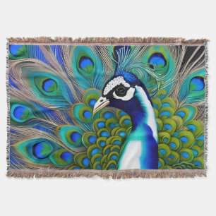White blue and Green Piebald Peacock Throw Blanket