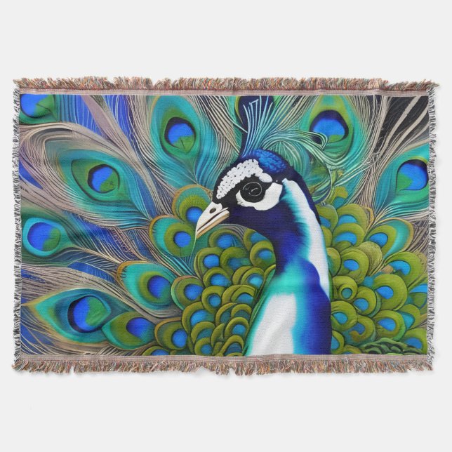 White blue and Green Piebald Peacock  Throw Blanket (Front)
