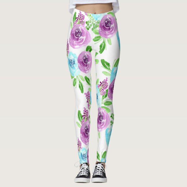 White blue and purple flower leggings (Front)