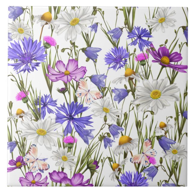 White, Blue and Purple Wildflowers Botanical  Tile (Front)