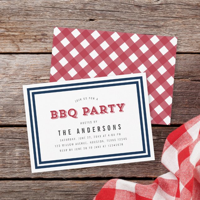 White Blue and Red Gingham BBQ Party Invitation (Creator Uploaded)