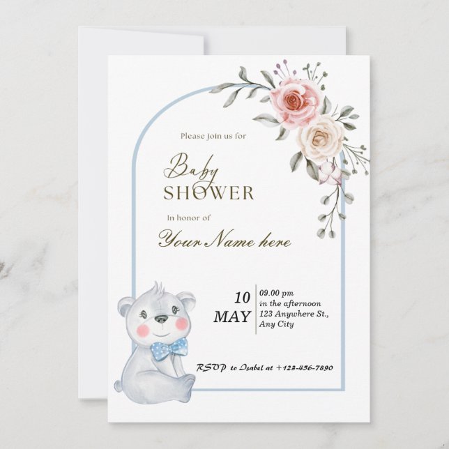 White Blue Bear Baby Shower invitations Boy (Front)