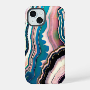 White Blue Black Pink Teal Agate Geode iPhone 15 Case