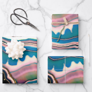 White Blue Black Pink Teal Agate Geode Wrapping Paper Sheet