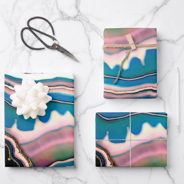 White Blue Black Pink Teal Agate Geode Wrapping Paper Sheet (Front)