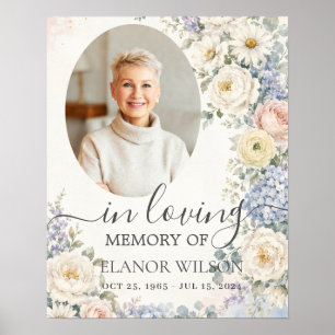 White Blue Blush Floral Photo Funeral Memorial Poster