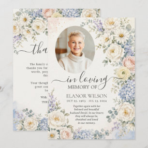 White Blue Blush Floral Photo Funeral Memorial Thank You Card