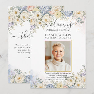 White Blue Blush Floral Photo Funeral Memorial Thank You Card