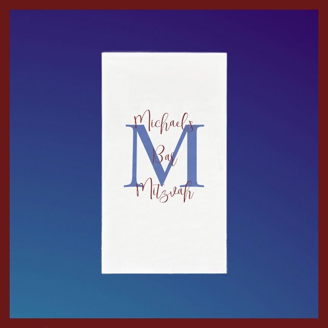 White Blue Burgundy Bar Mitzvah Name Monogram  Napkin (Creator Uploaded)