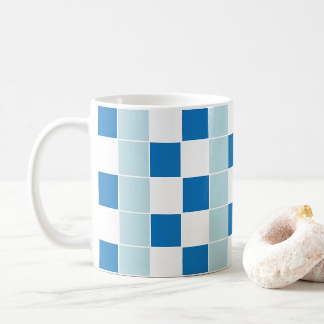 White Blue Chequerboard Chequered Coffee Mug (With Donut)