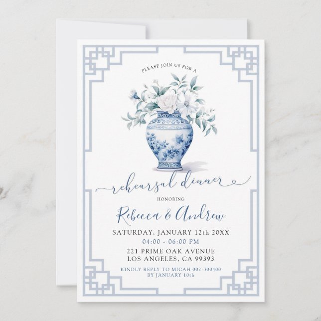 White Blue Chinoiserie Ginger Jar Rehearsal Dinner Invitation (Front)
