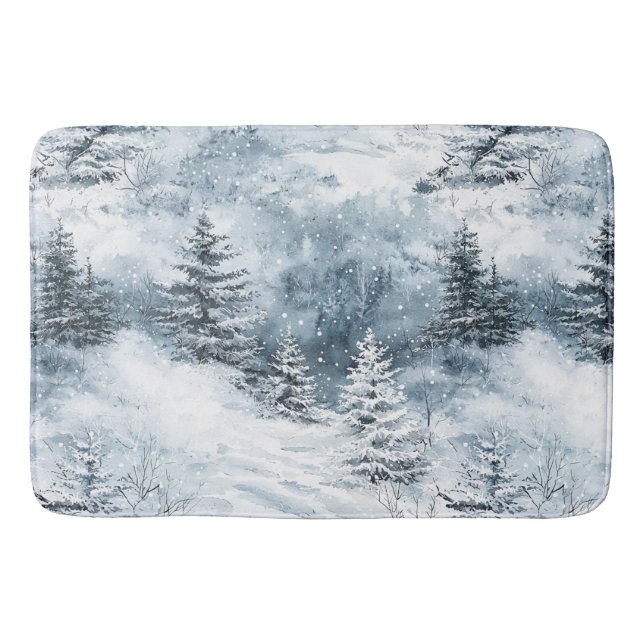 White Blue Christmas Trees Winter Snow Bath Mat (Front)