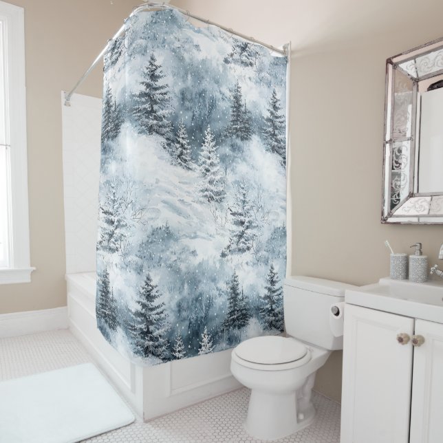White Blue Christmas Trees Winter Snow Shower Curtain (In Situ)