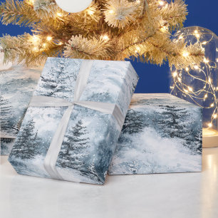 White Blue Christmas Trees Winter Snow Wrapping Paper