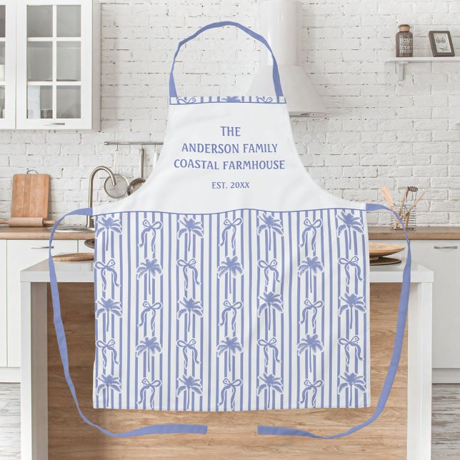 White Blue Coastal Chic Palm Trees Bows Stripes Apron (In situ)