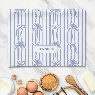 White Blue Coastal Chic Palm Trees Bows Stripes Tea Towel