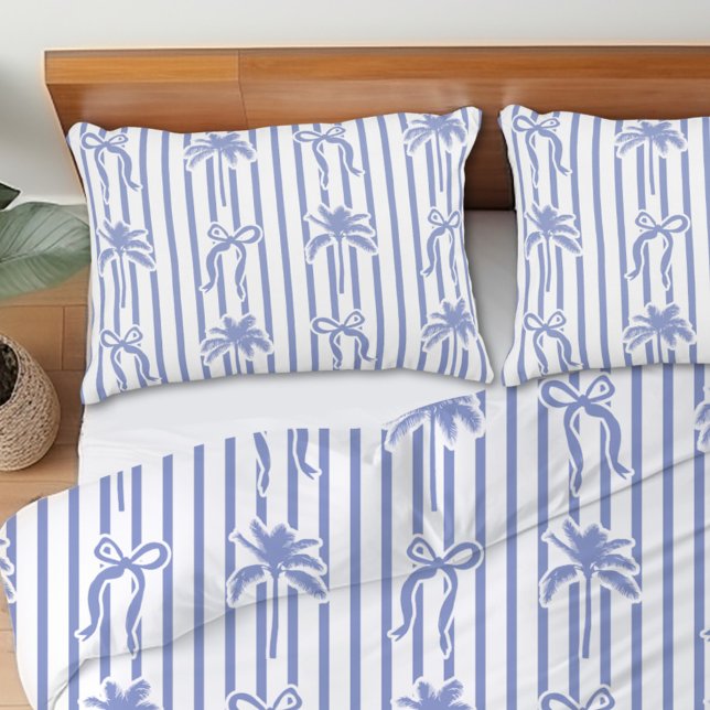 White Blue Coastal Palm Trees Bows Stripes Pattern Pillowcase (In situ)